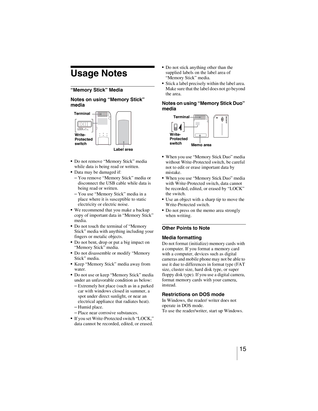 Sony MRW-EA7 manual Usage Notes, Other Points to Note Media formatting, Restrictions on DOS mode 