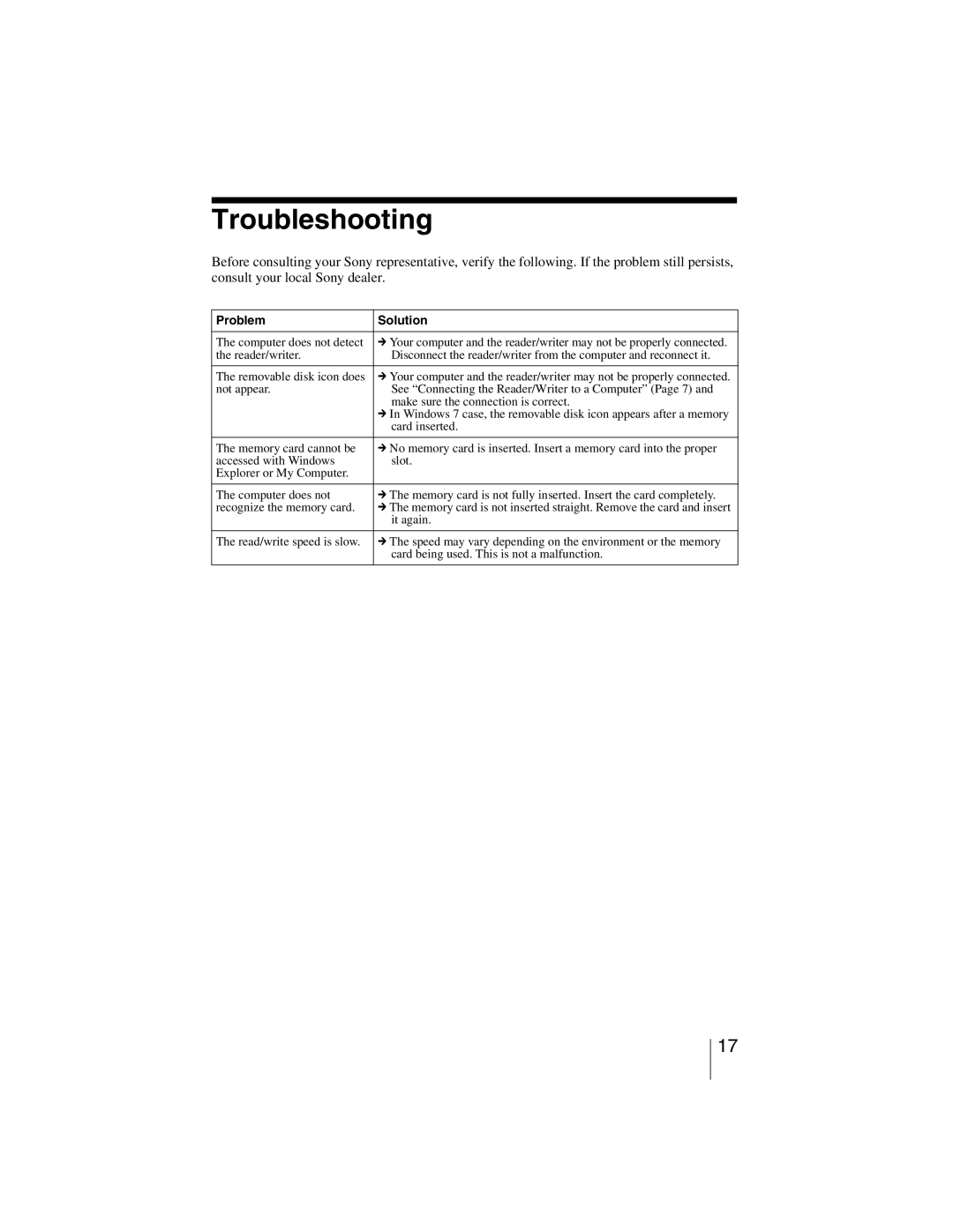 Sony MRW-EA7 manual Troubleshooting, Problem Solution 