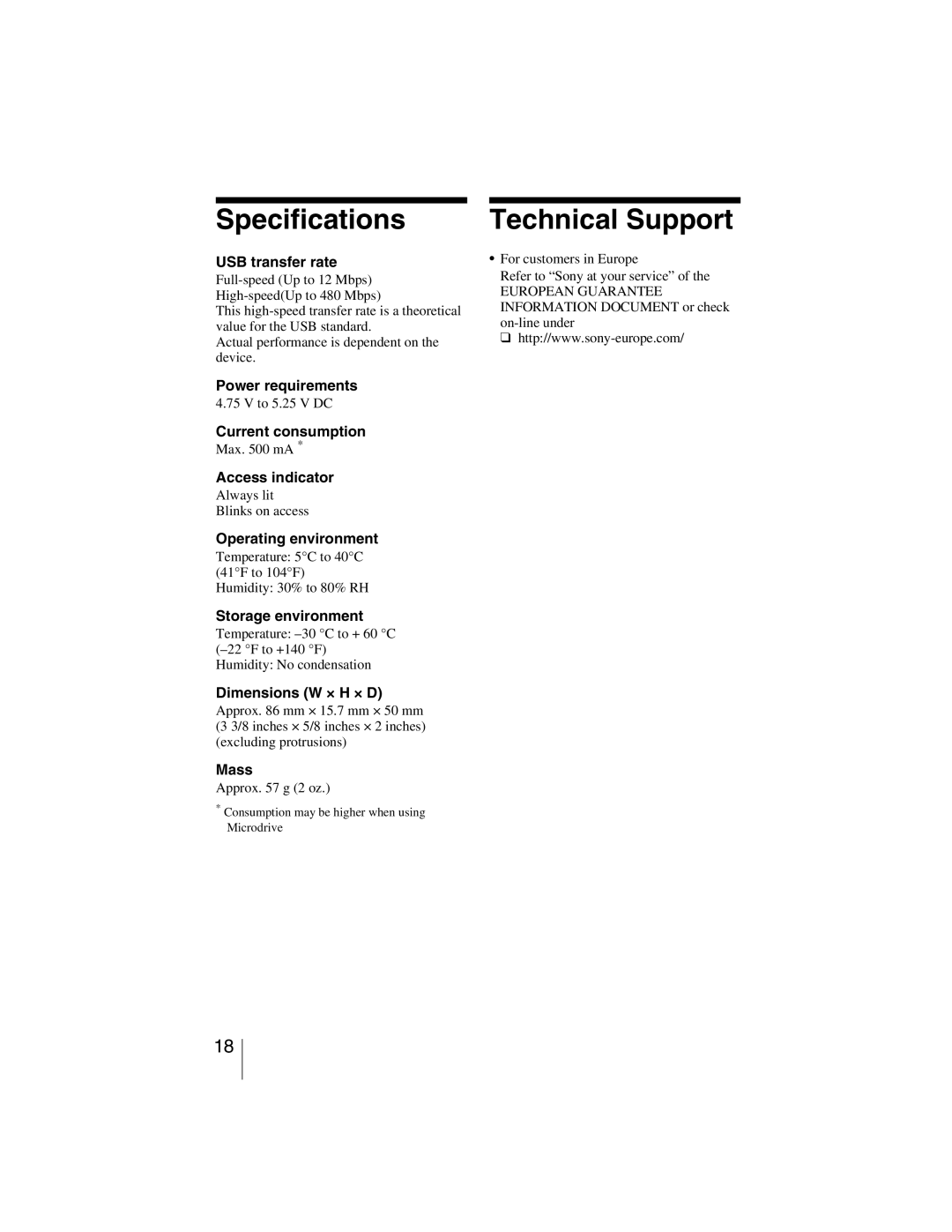 Sony MRW-EA7 manual Specifications, Technical Support 