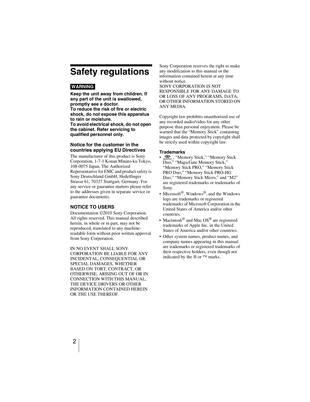 Sony MRW-EA7 manual Safety regulations, Trademarks 