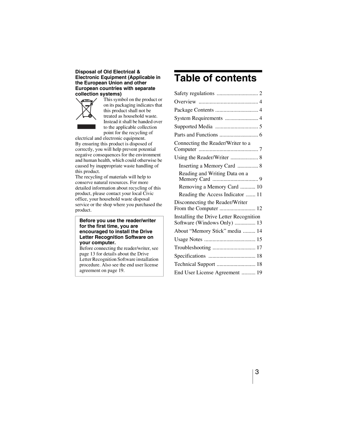 Sony MRW-EA7 manual Table of contents 