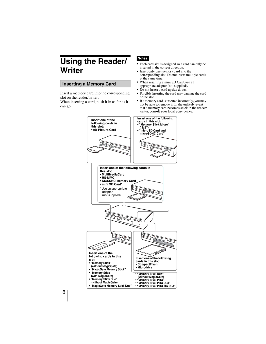 Sony MRW-EA7 manual Using the Reader/ Writer, Inserting a Memory Card 