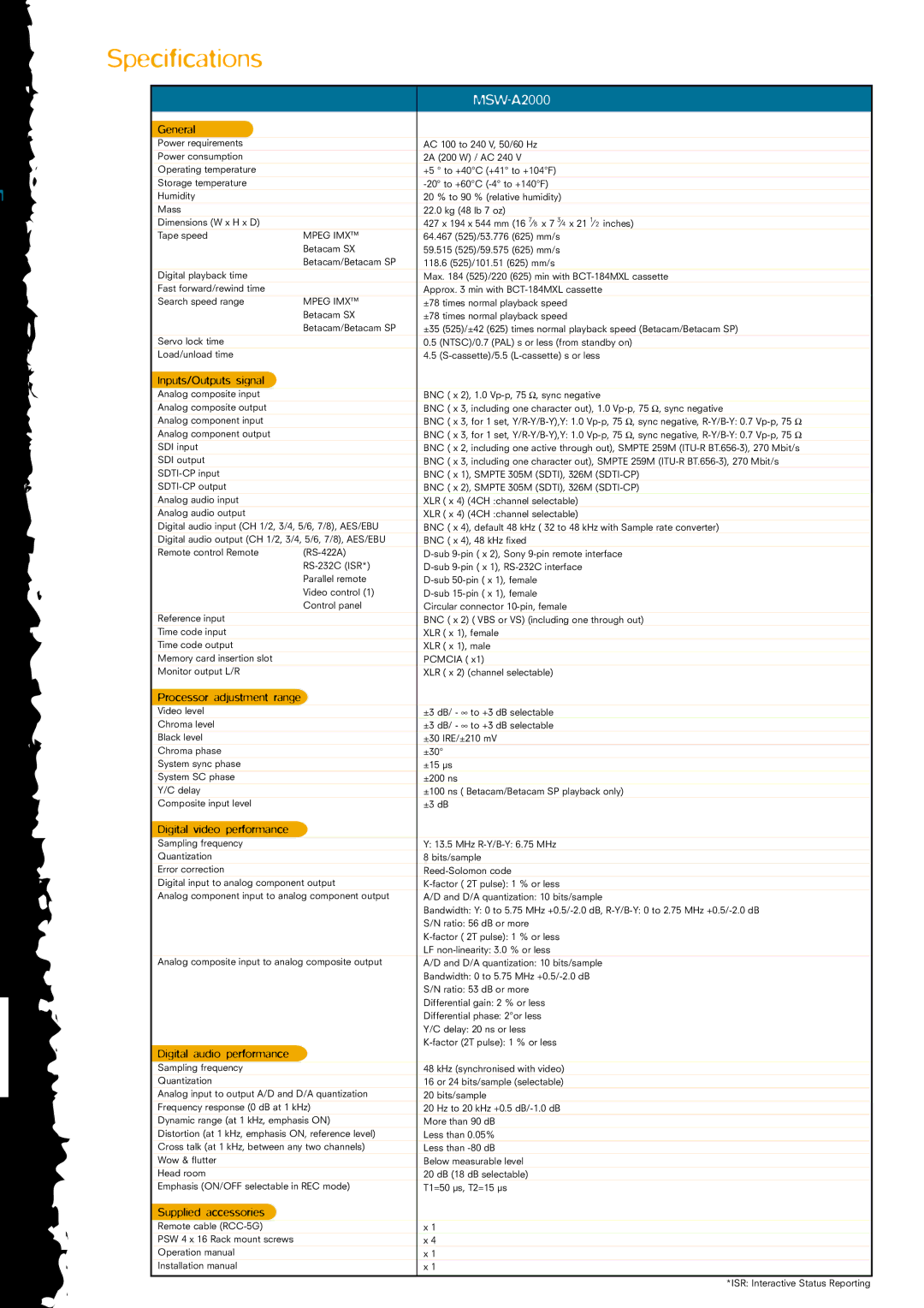 Sony MSW-2000P manual Specifications, MSW-A2000 