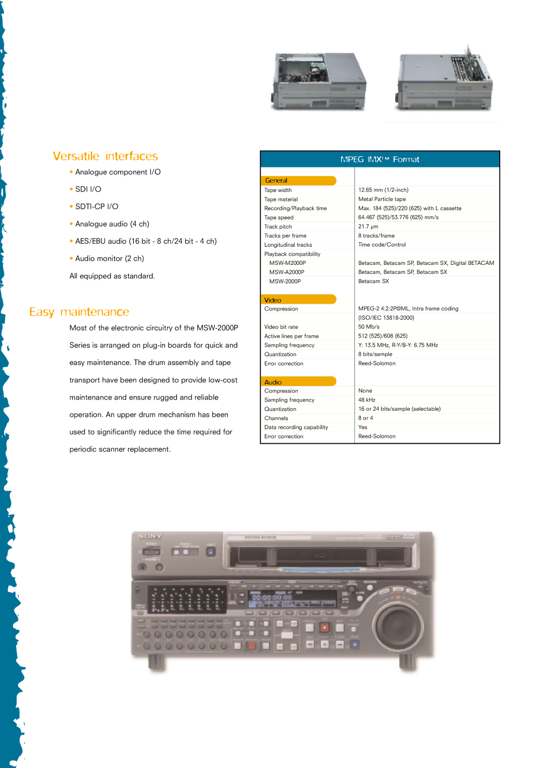 Sony MSW-2000P manual Versatile interfaces, Easy maintenance, Mpeg IMX Format 