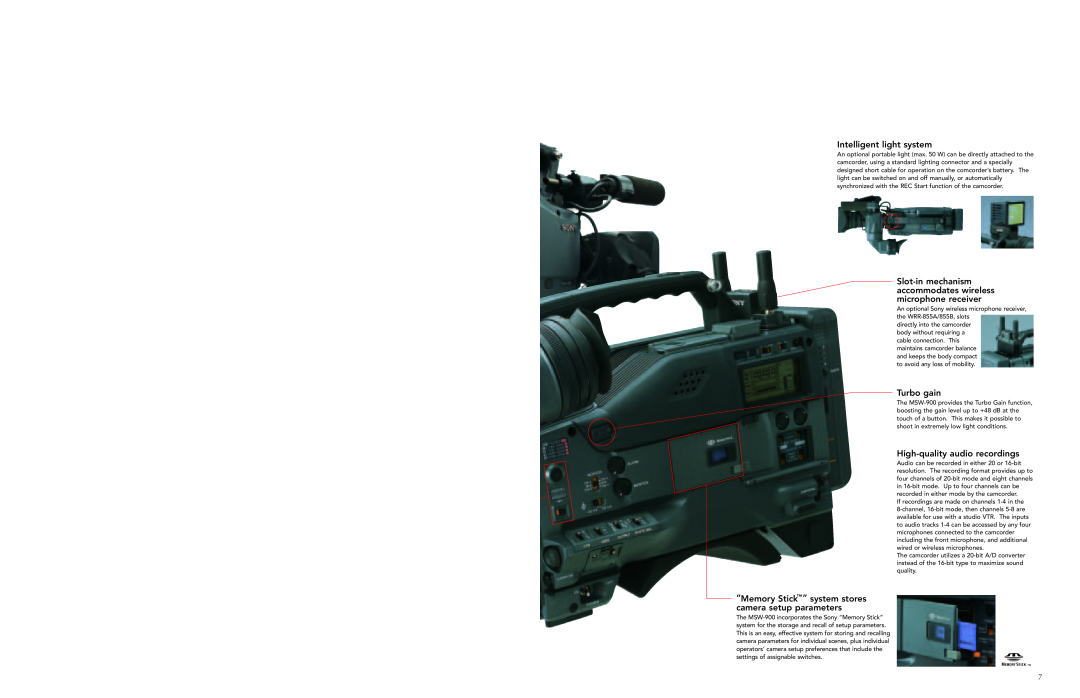 Sony 900P, MSW-900 Intelligent light system, “Memory Stick “ system stores camera setup parameters, Turbo gain 