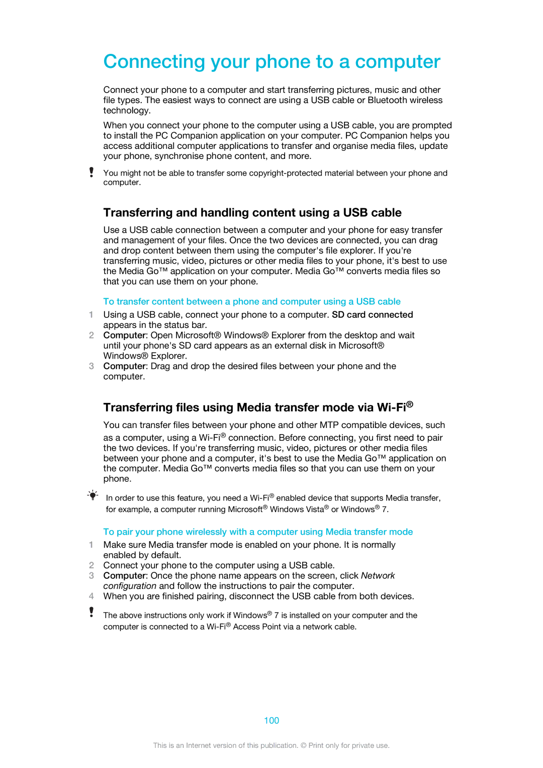 Sony MT25i manual Connecting your phone to a computer, Transferring and handling content using a USB cable, 100 