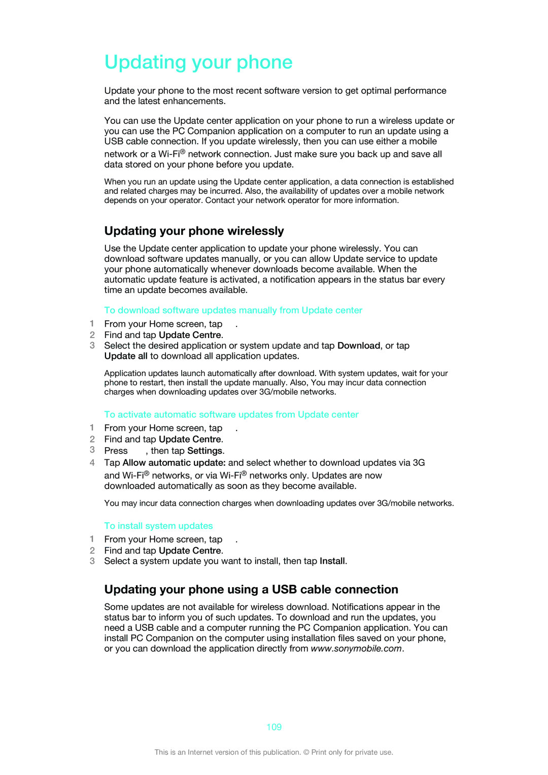 Sony MT25i manual Updating your phone wirelessly, Updating your phone using a USB cable connection 