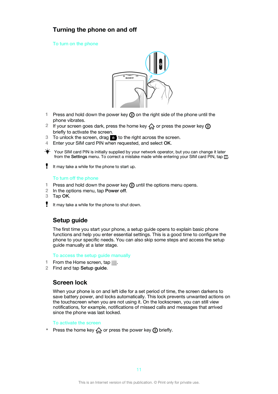 Sony MT25i manual Turning the phone on and off, Setup guide, Screen lock 