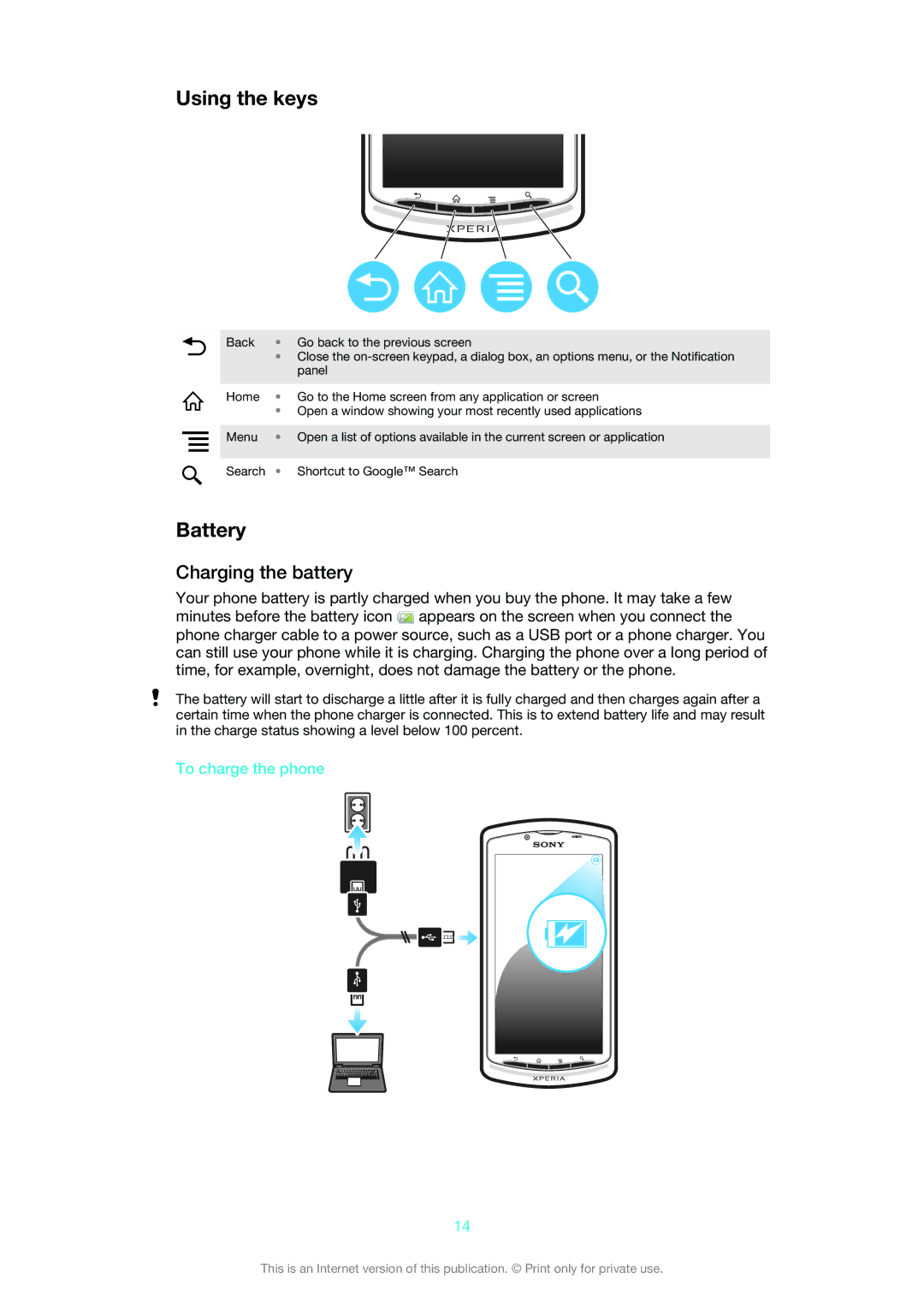 Sony MT25i manual Using the keys, Battery, Charging the battery, To charge the phone 