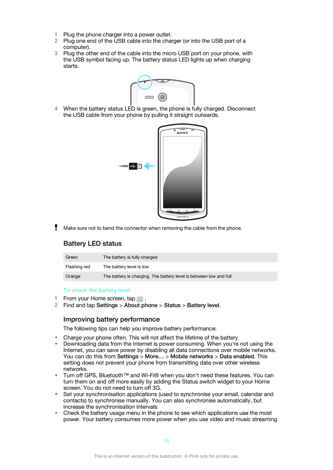 Sony MT25i manual Battery LED status, Improving battery performance, To check the battery level 