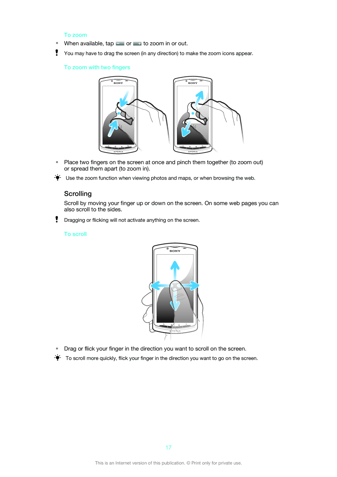 Sony MT25i manual Scrolling, To zoom with two fingers, To scroll 