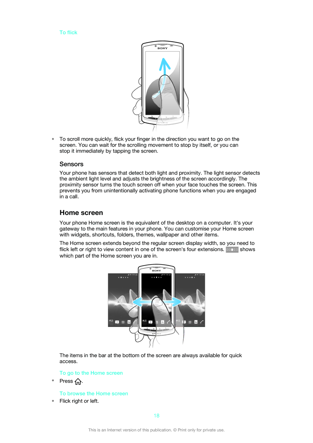 Sony MT25i manual Sensors, To flick, To go to the Home screen, To browse the Home screen 