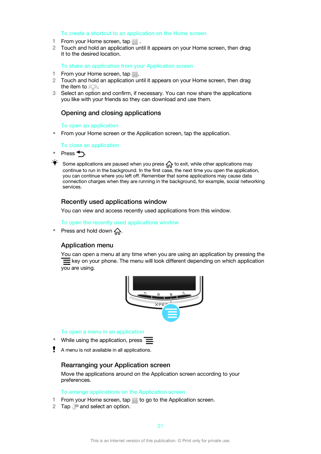 Sony MT25i manual Opening and closing applications, Recently used applications window, Application menu 