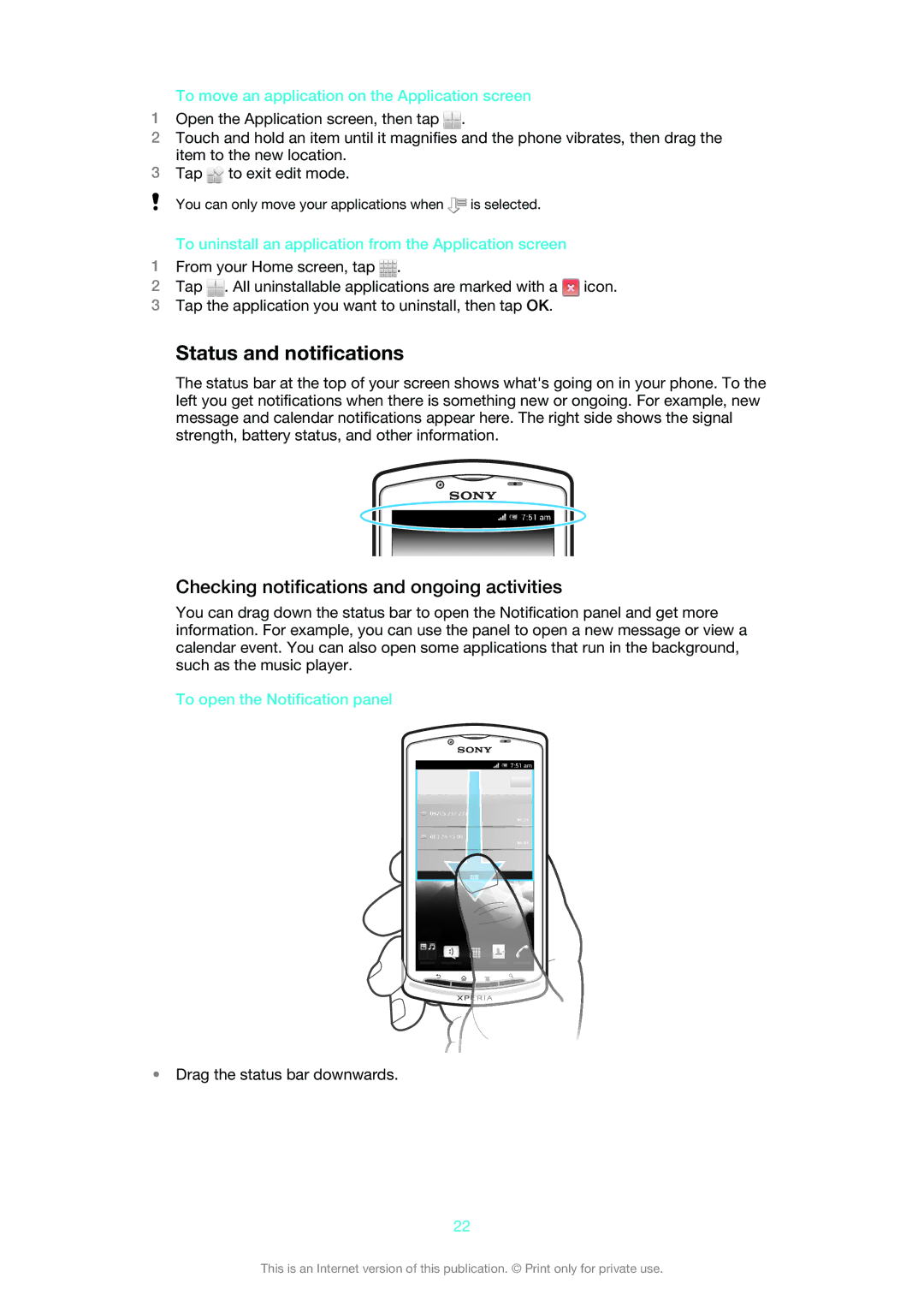 Sony MT25i manual Status and notifications, Checking notifications and ongoing activities, To open the Notification panel 