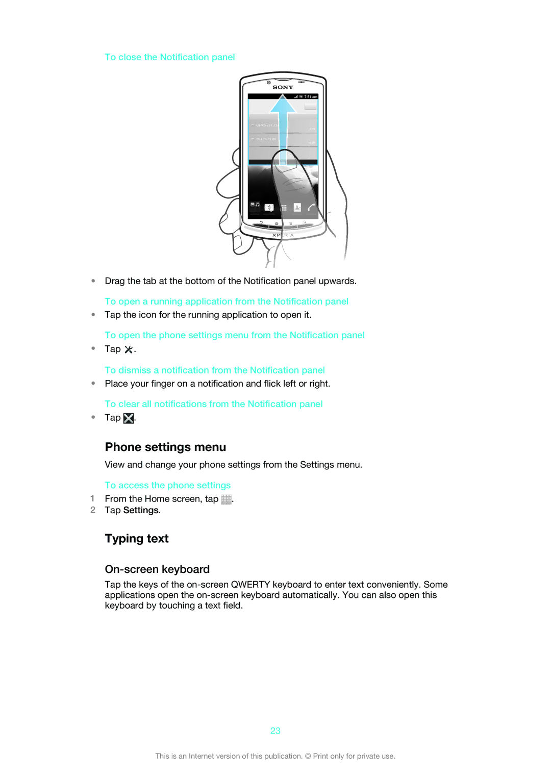 Sony MT25i manual Phone settings menu, Typing text, On-screen keyboard 