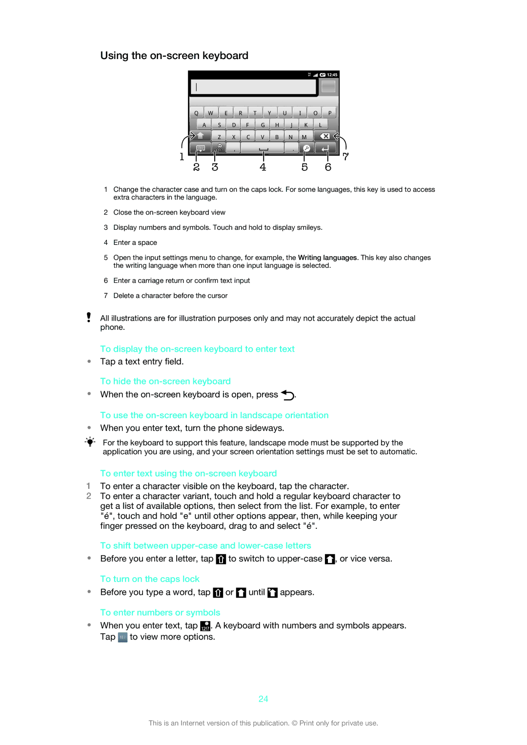 Sony MT25i manual Using the on-screen keyboard 