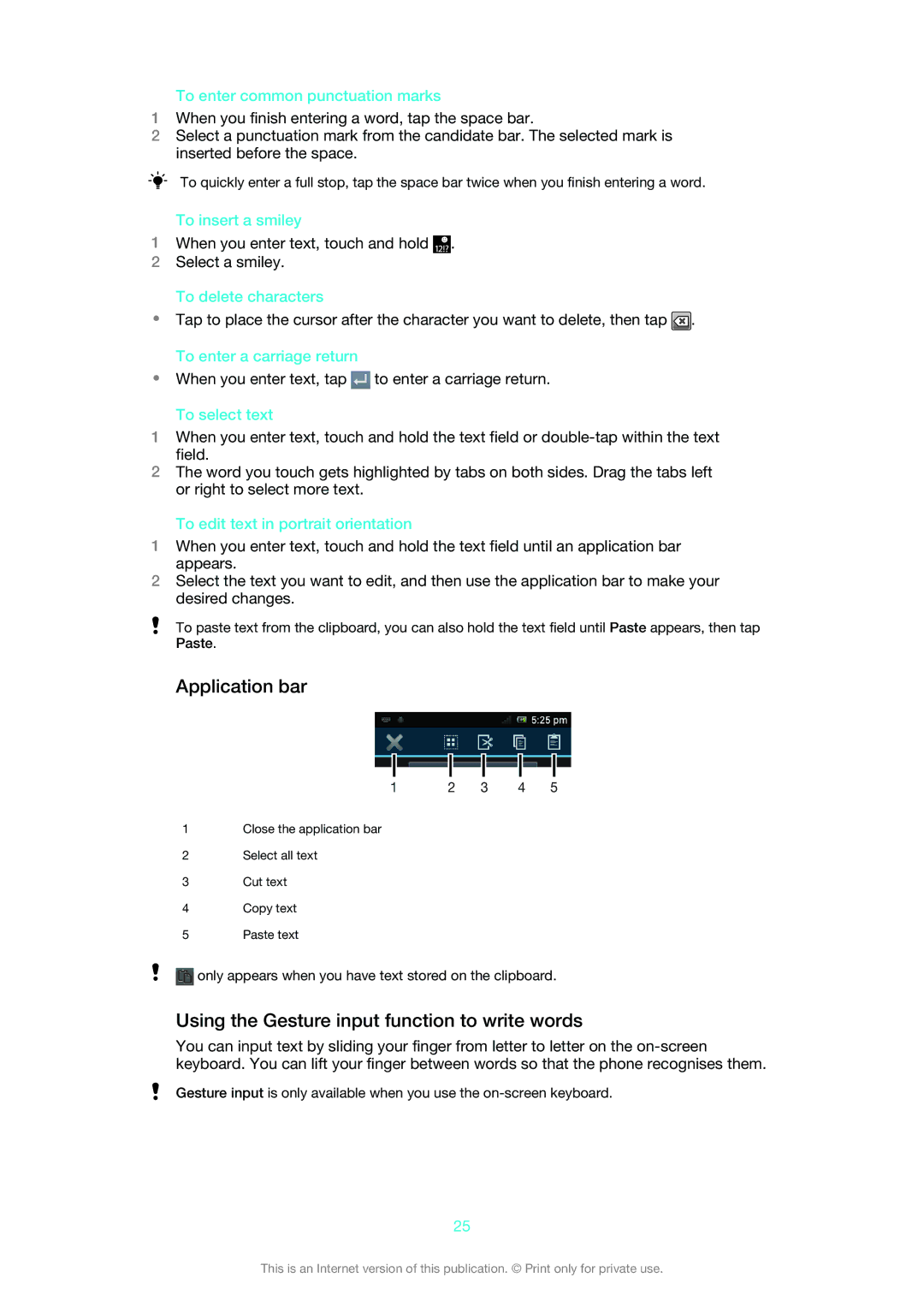 Sony MT25i manual Application bar, Using the Gesture input function to write words 