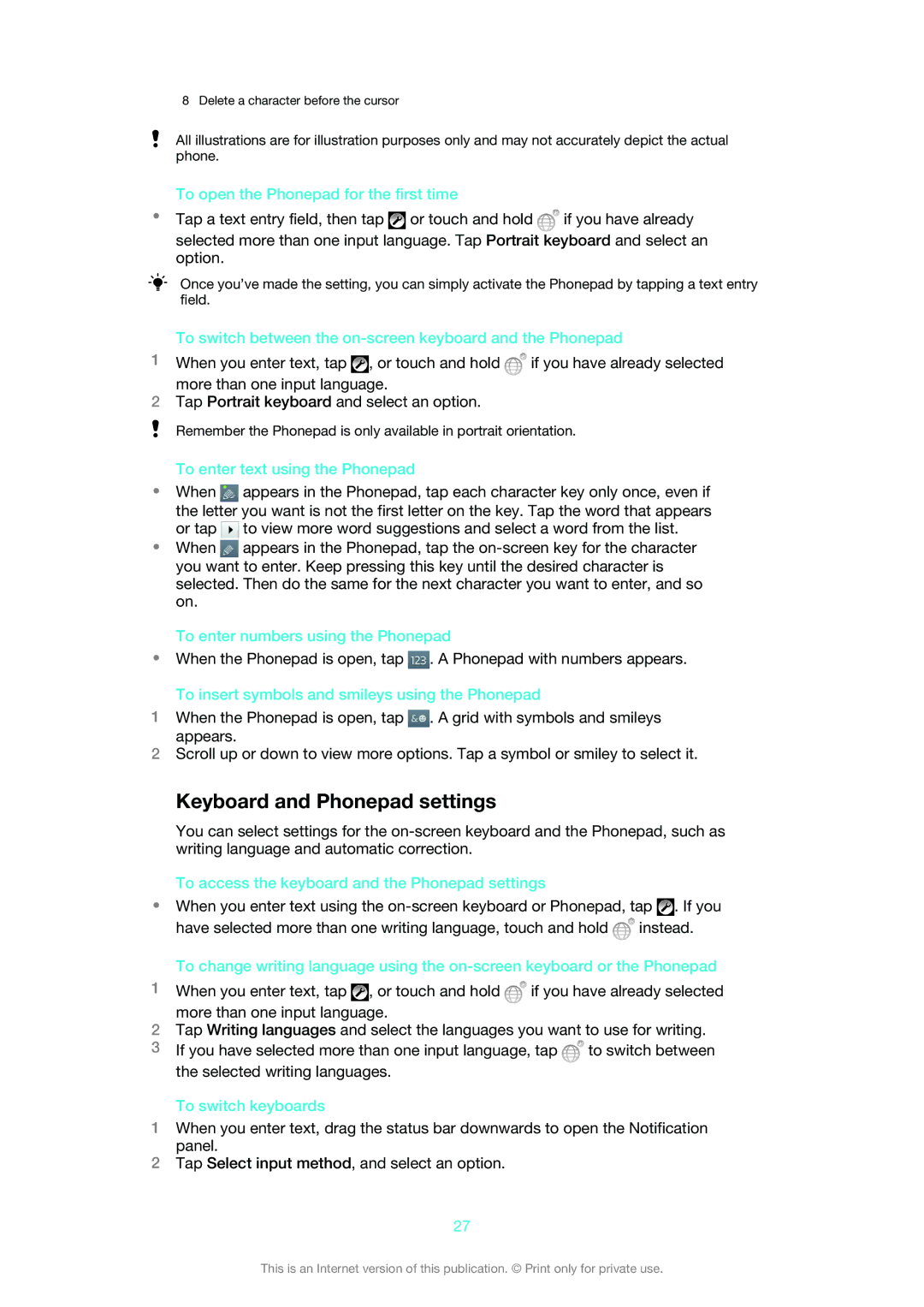 Sony MT25i manual Keyboard and Phonepad settings 