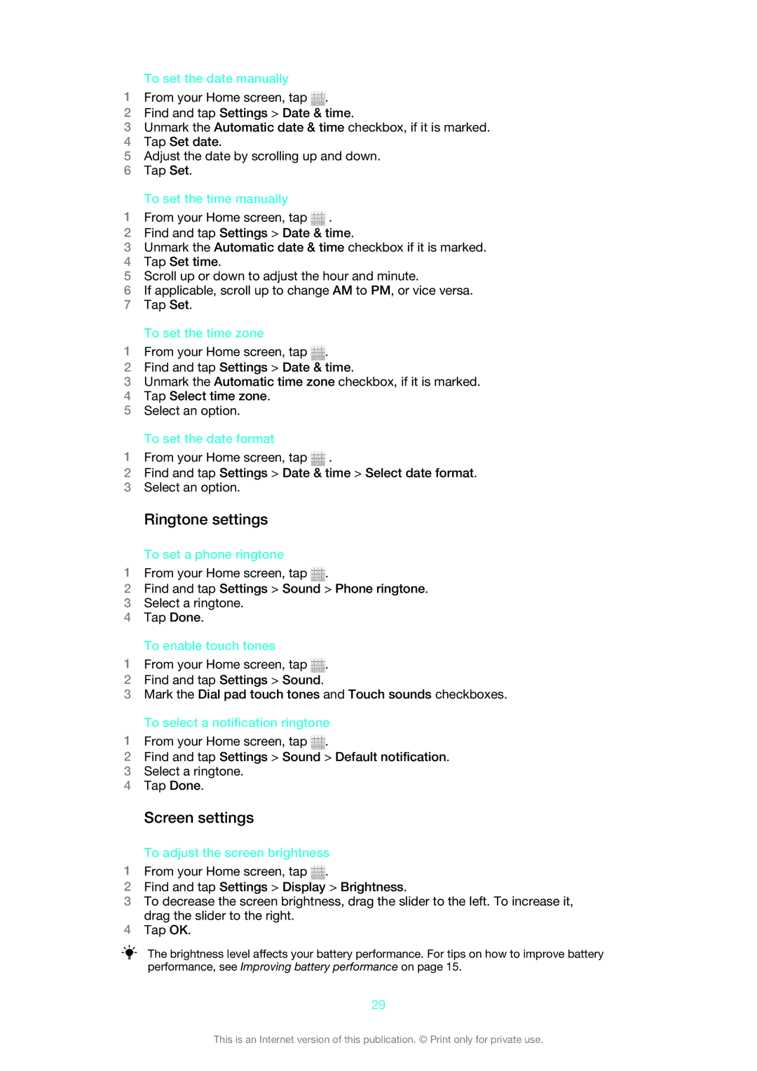 Sony MT25i manual Ringtone settings, Screen settings 