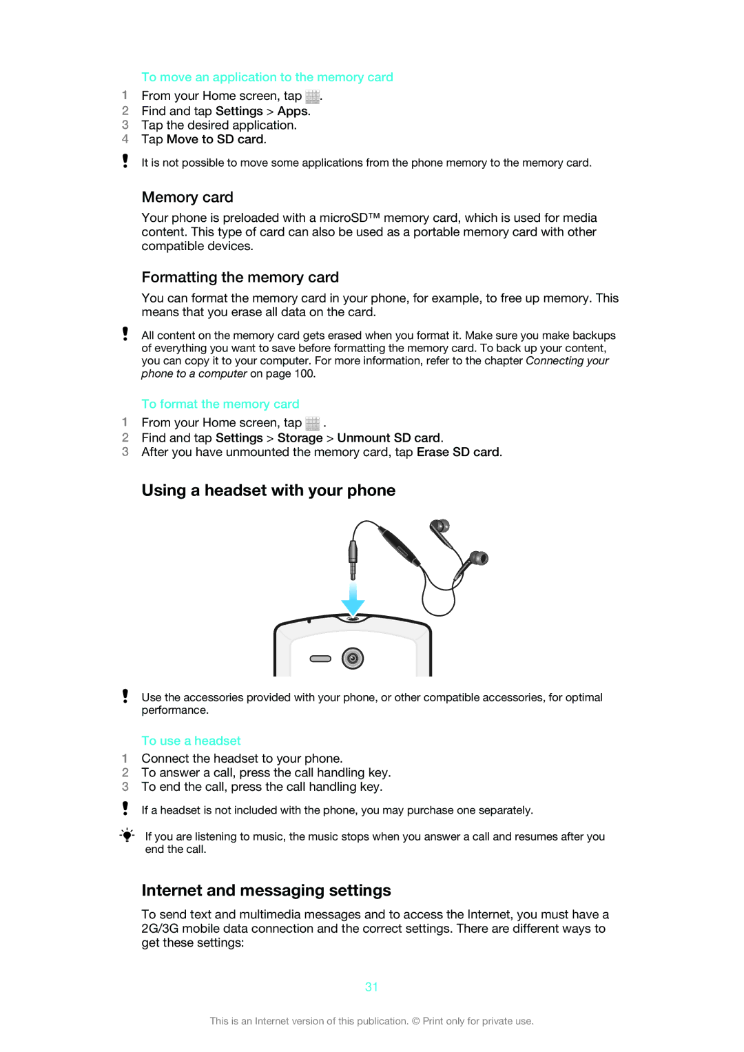 Sony MT25i manual Using a headset with your phone, Internet and messaging settings, Memory card, Formatting the memory card 