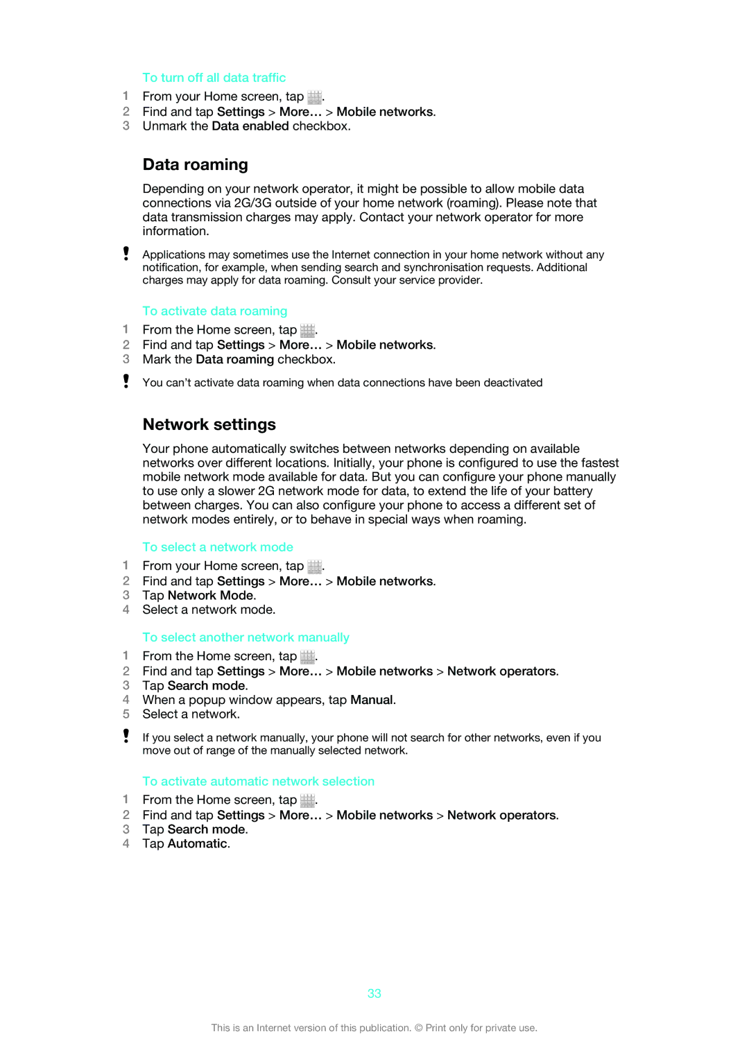 Sony MT25i manual Data roaming, Network settings 