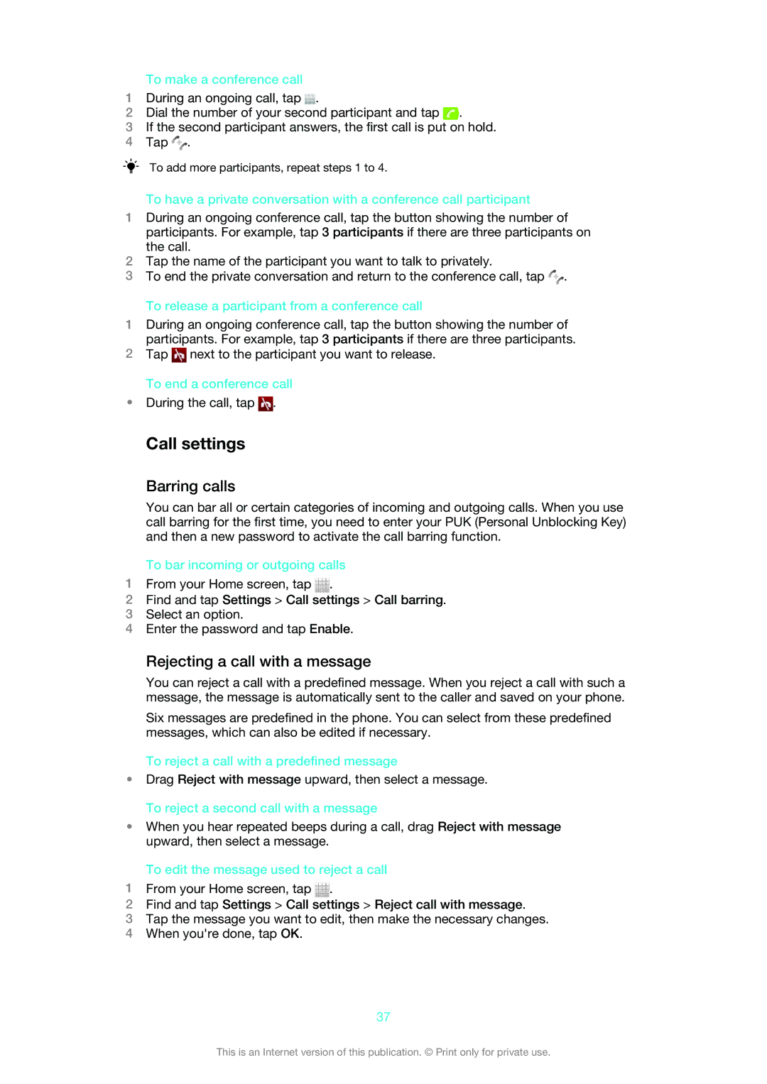 Sony MT25i manual Call settings, Barring calls, Rejecting a call with a message 