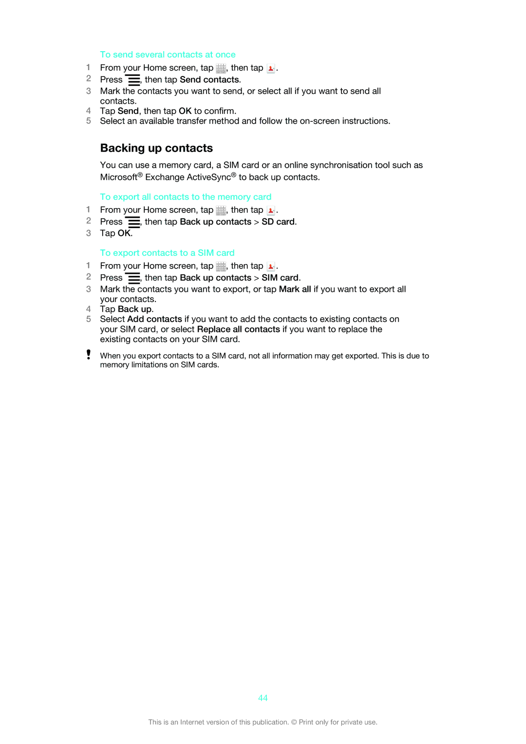 Sony MT25i manual Backing up contacts, To send several contacts at once, To export all contacts to the memory card 