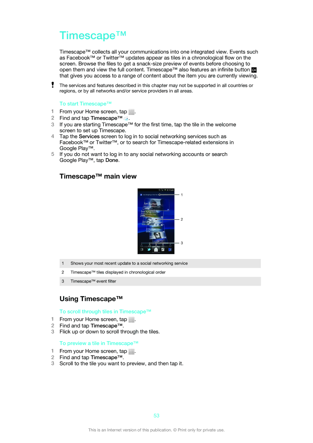 Sony MT25i manual Timescape main view, Using Timescape 