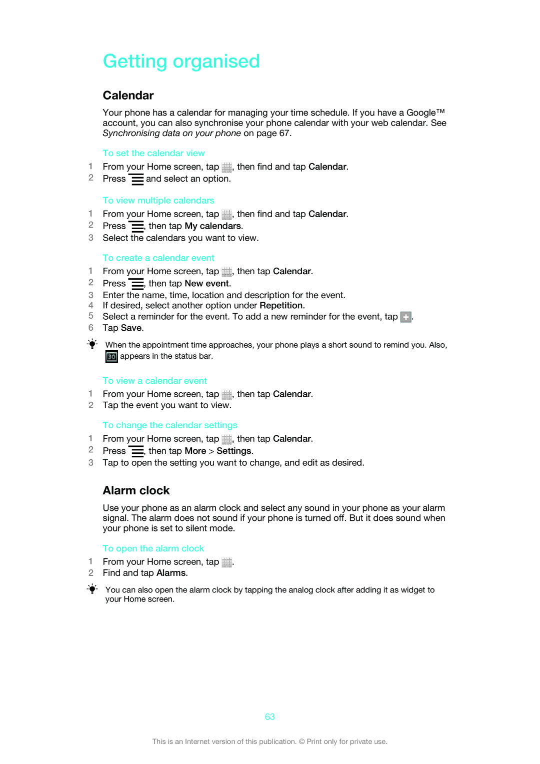 Sony MT25i manual Getting organised, Calendar, Alarm clock 