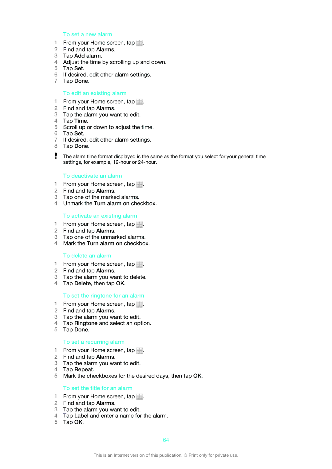 Sony MT25i manual To set a new alarm, To edit an existing alarm, To deactivate an alarm, To activate an existing alarm 