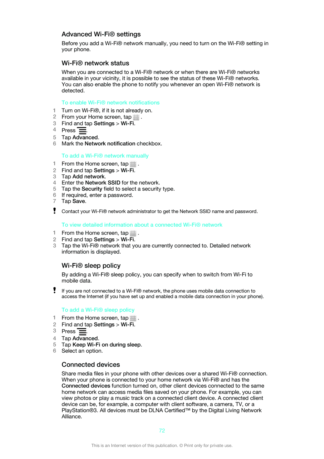 Sony MT25i manual Advanced Wi-Fi settings, Wi-Fi network status, Wi-Fi sleep policy, Connected devices 