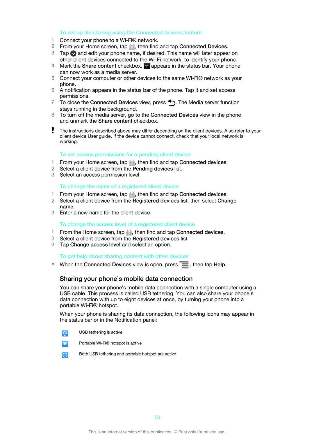 Sony MT25i manual Sharing your phone’s mobile data connection 