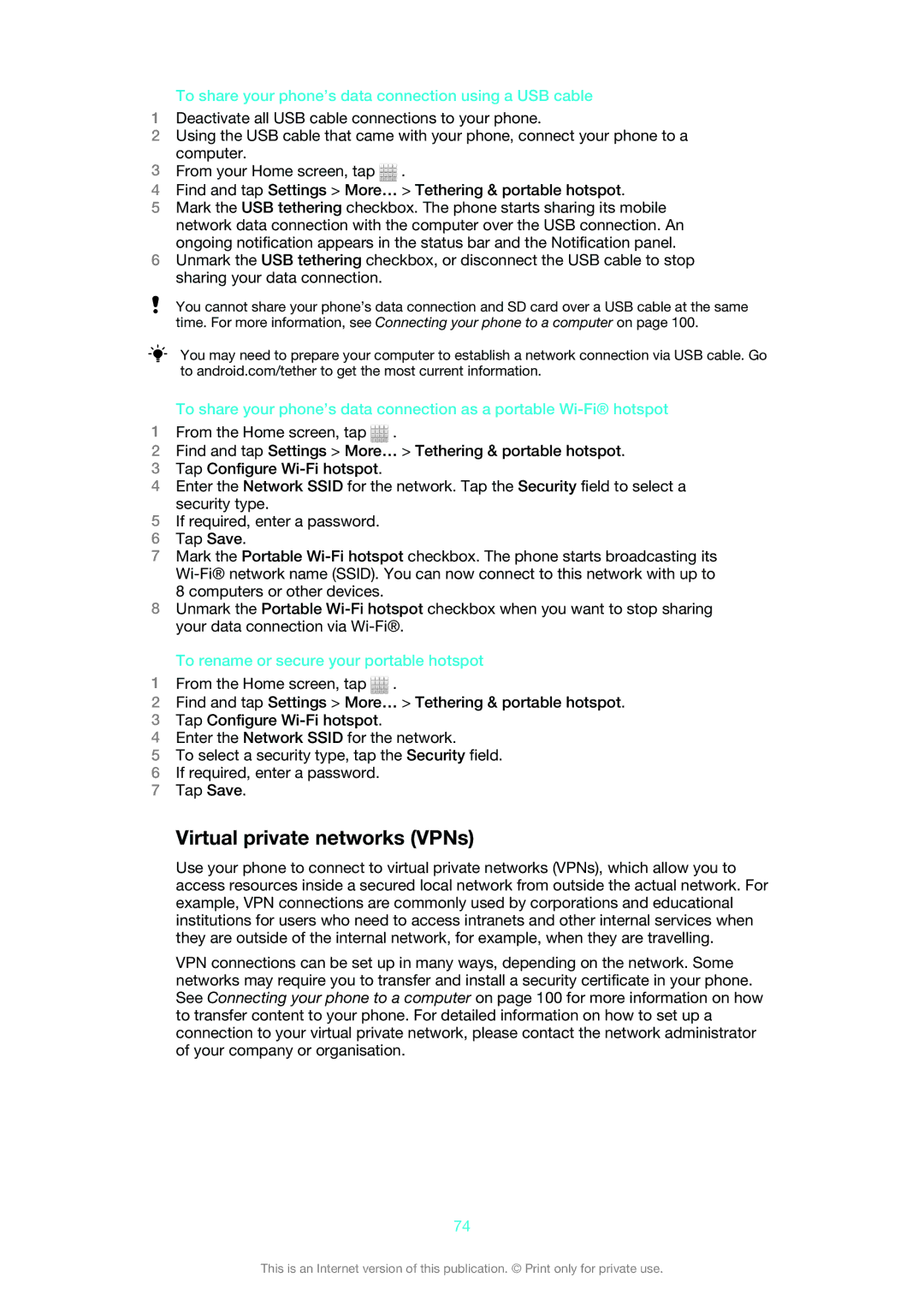 Sony MT25i manual Virtual private networks VPNs, To share your phone’s data connection using a USB cable 