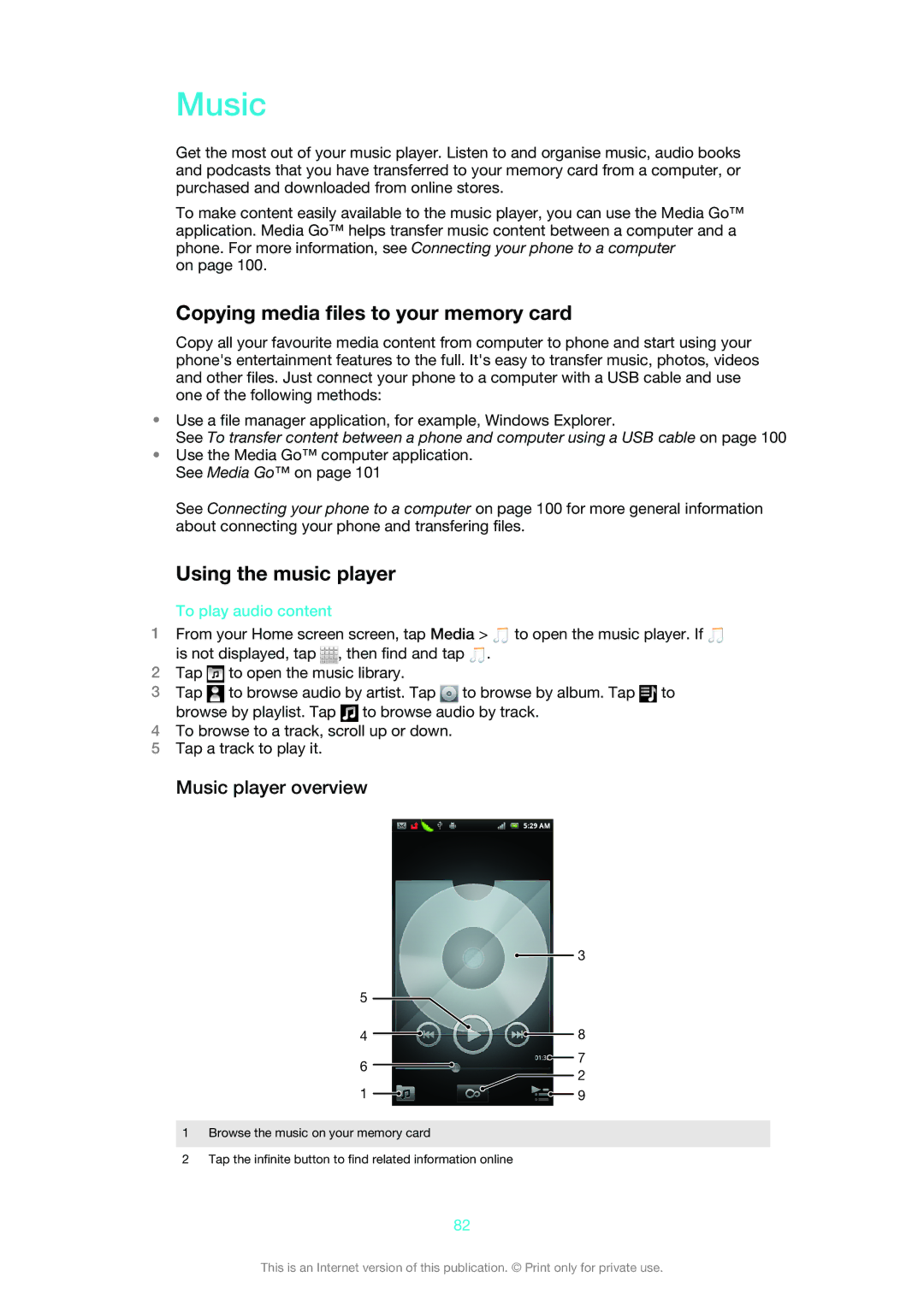 Sony MT25i manual Copying media files to your memory card, Using the music player, Music player overview 