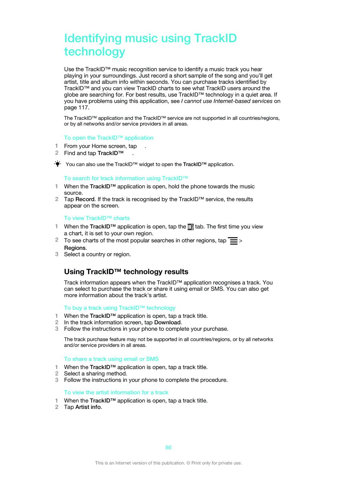 Sony MT25i manual Identifying music using TrackID technology, Using TrackID technology results 