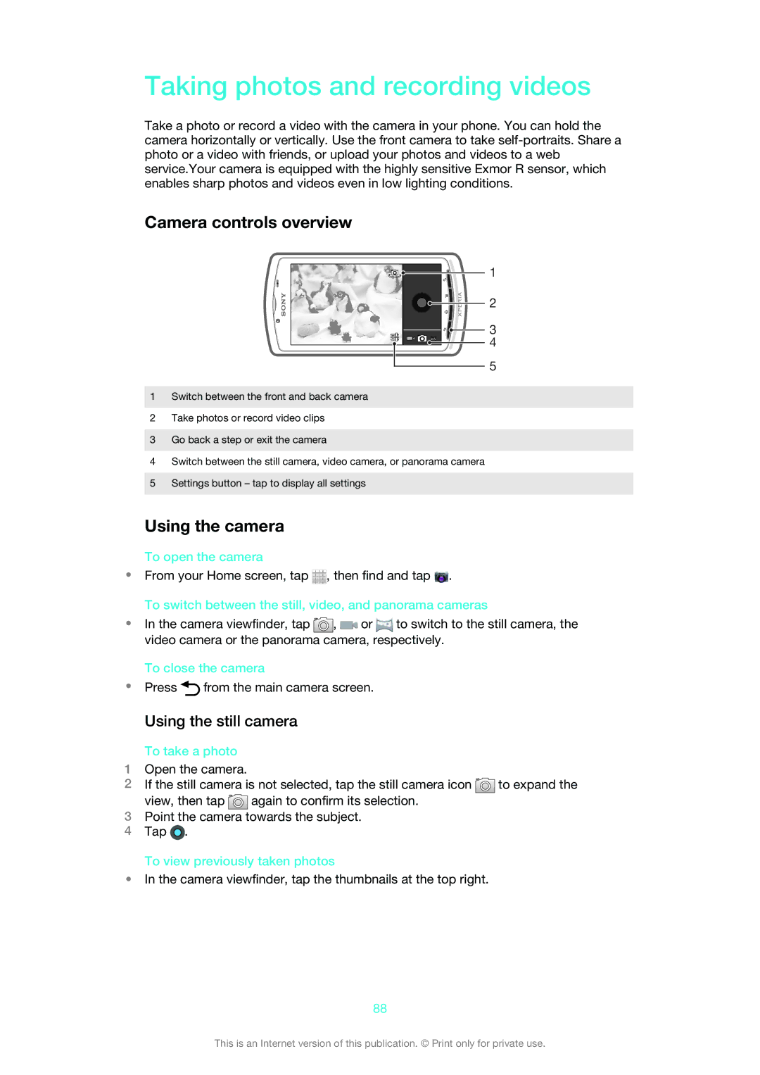 Sony MT25i manual Taking photos and recording videos, Camera controls overview, Using the camera, Using the still camera 