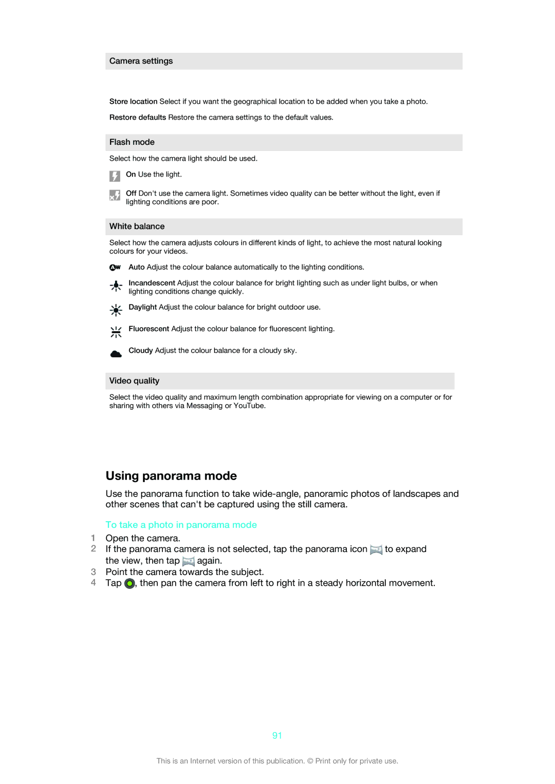 Sony MT25i manual Using panorama mode, To take a photo in panorama mode 