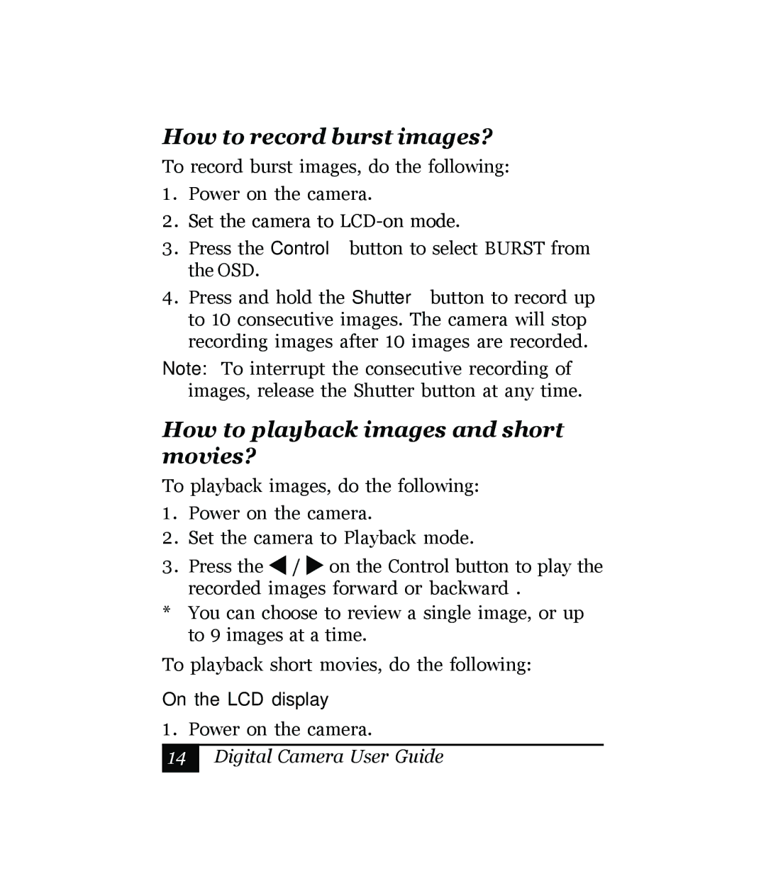 Sony Multi Functional Digital Camera manual How to record burst images?, How to playback images and short movies? 