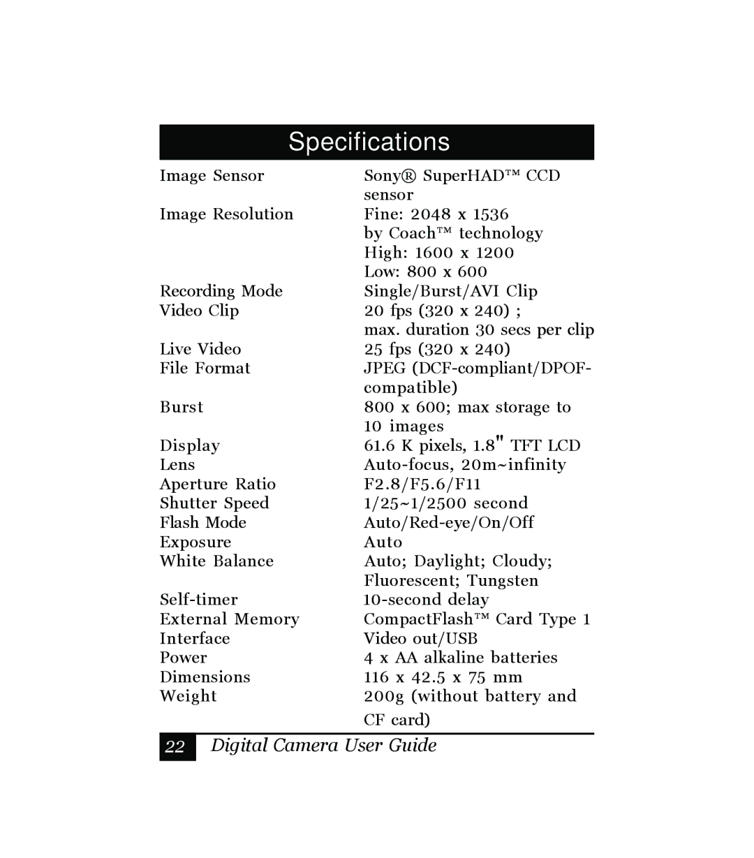 Sony Multi Functional Digital Camera manual Specifications 