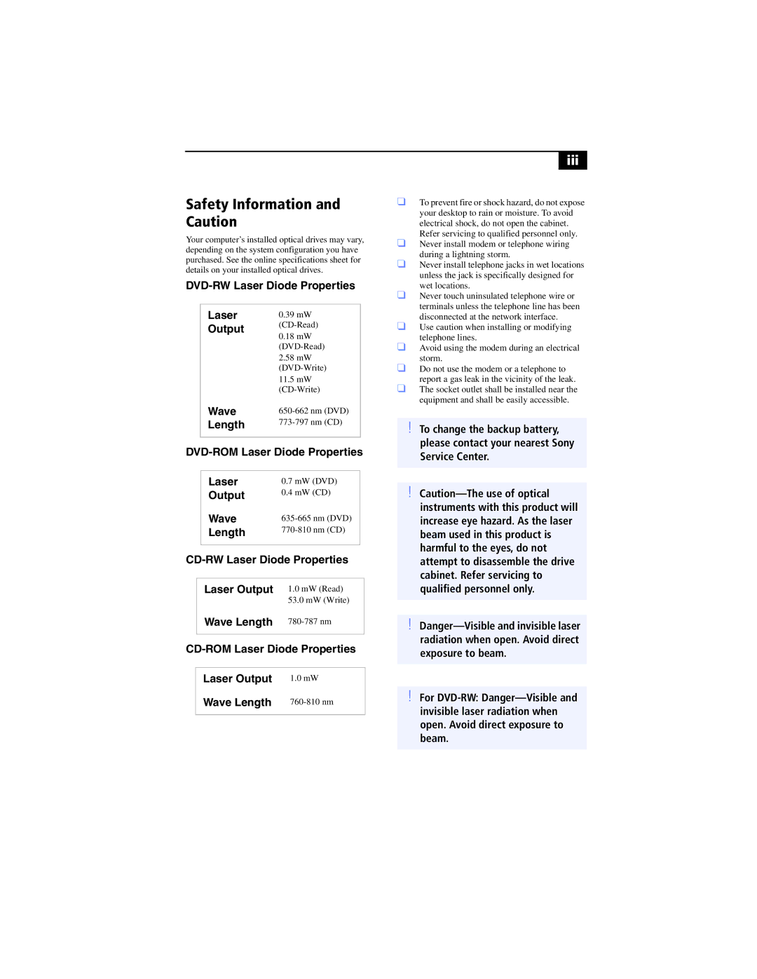 Sony Music Mixer, PCV-RX790, 267 manual Safety Information and Caution 