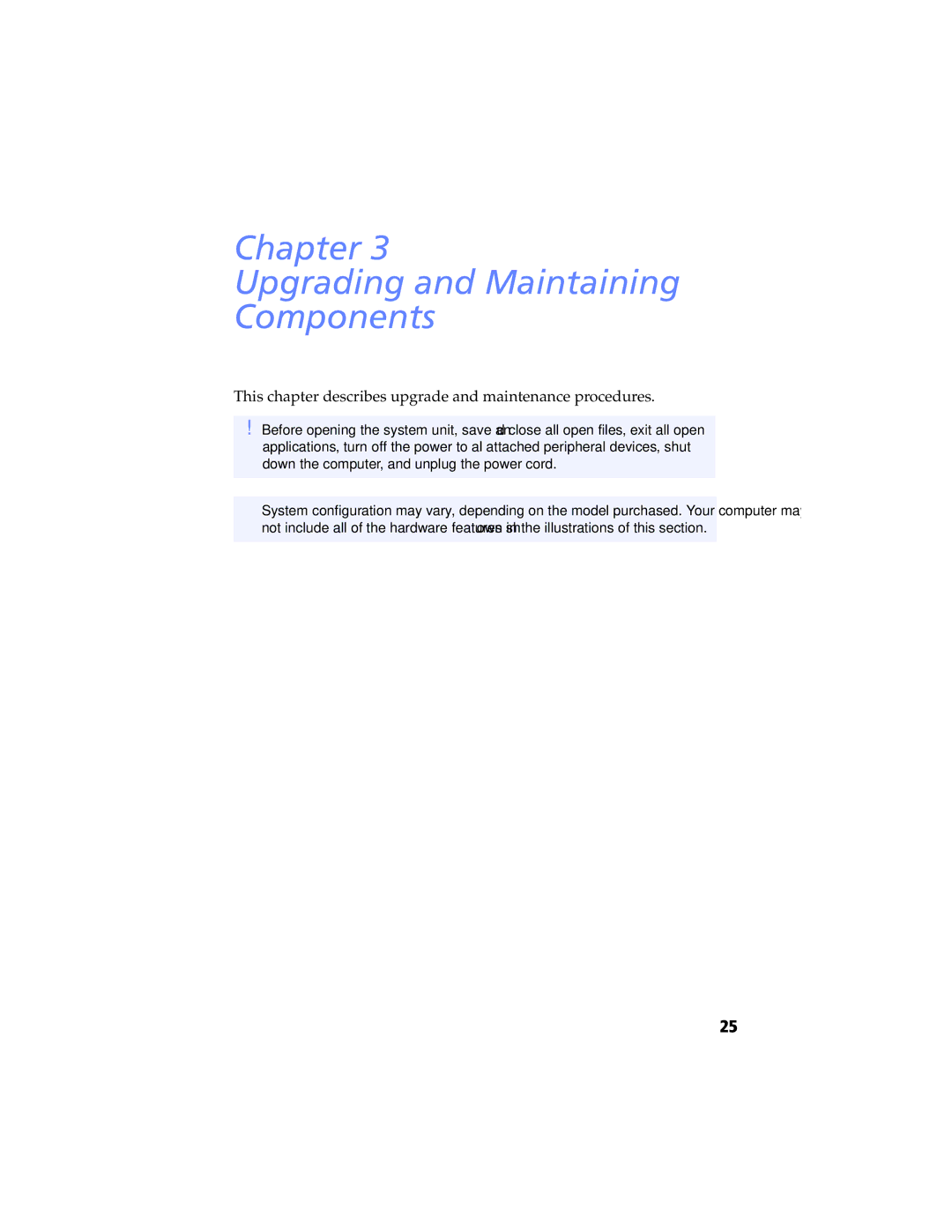 Sony PCV-RX790 Chapter Upgrading and Maintaining Components, This chapter describes upgrade and maintenance procedures 