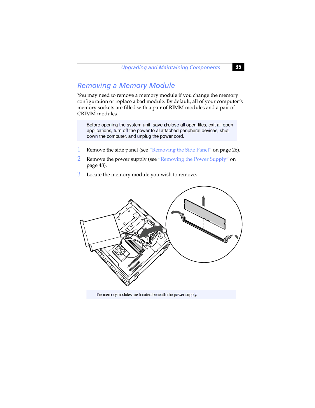 Sony 267, Music Mixer, PCV-RX790 manual Removing a Memory Module 