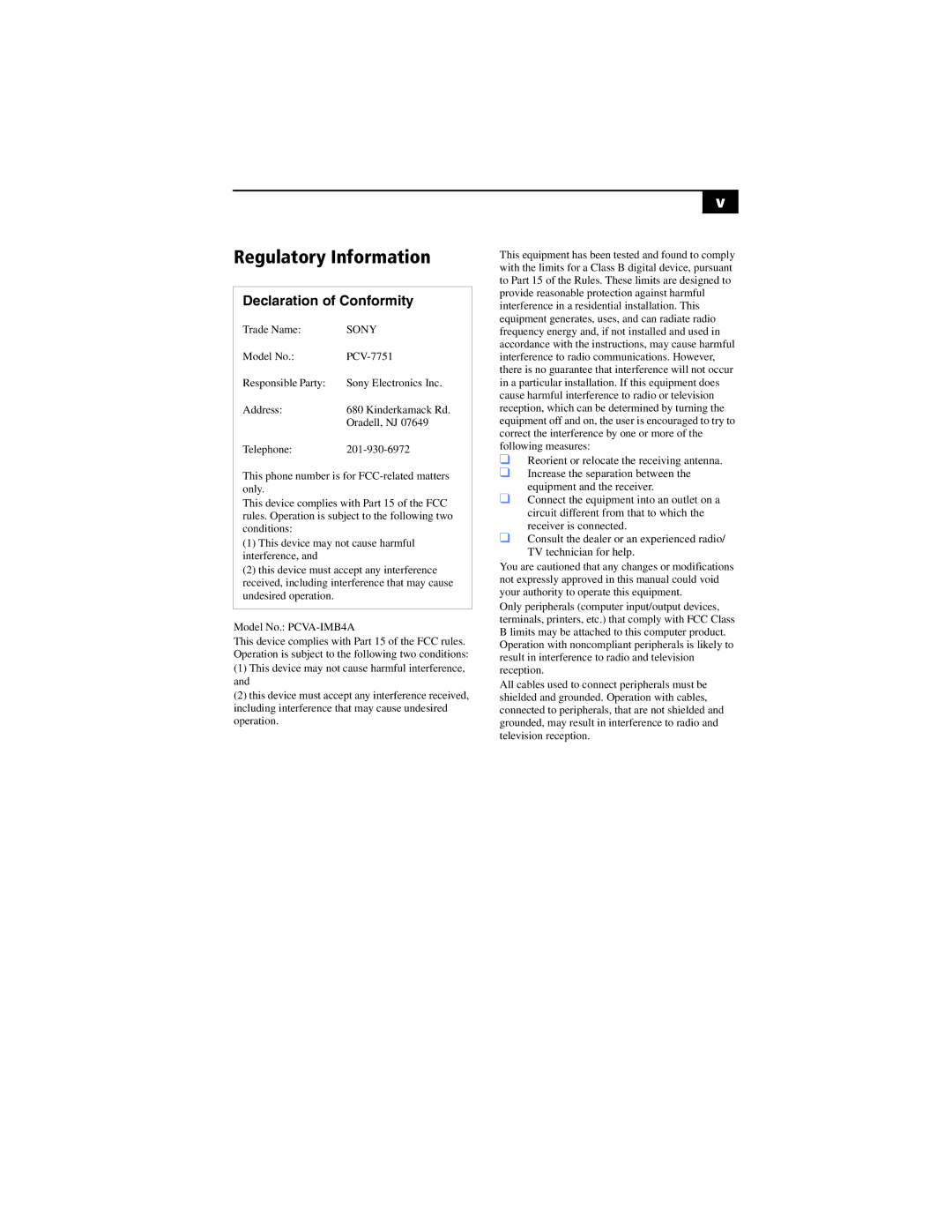 Sony 267, Music Mixer, PCV-RX790 manual Regulatory Information 