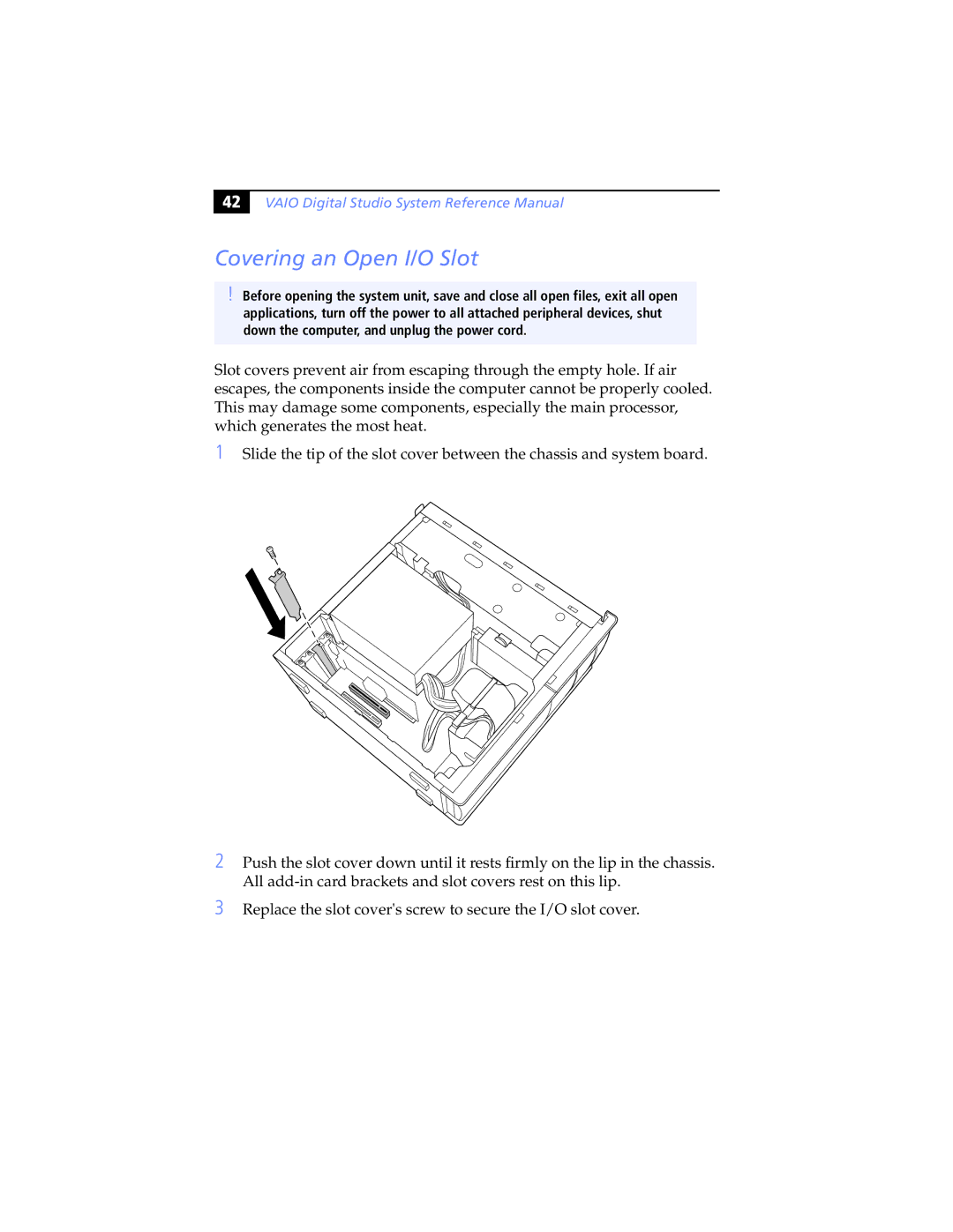 Sony Music Mixer, PCV-RX790, 267 manual Covering an Open I/O Slot 