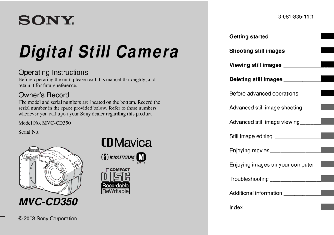 Sony operating instructions Model No. MVC-CD350 Serial No, Enjoying movies 