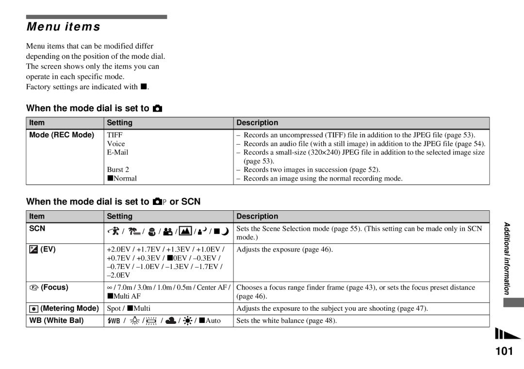 Sony MVC-CD350 operating instructions Menu items, 101, When the mode dial is set to Or SCN 