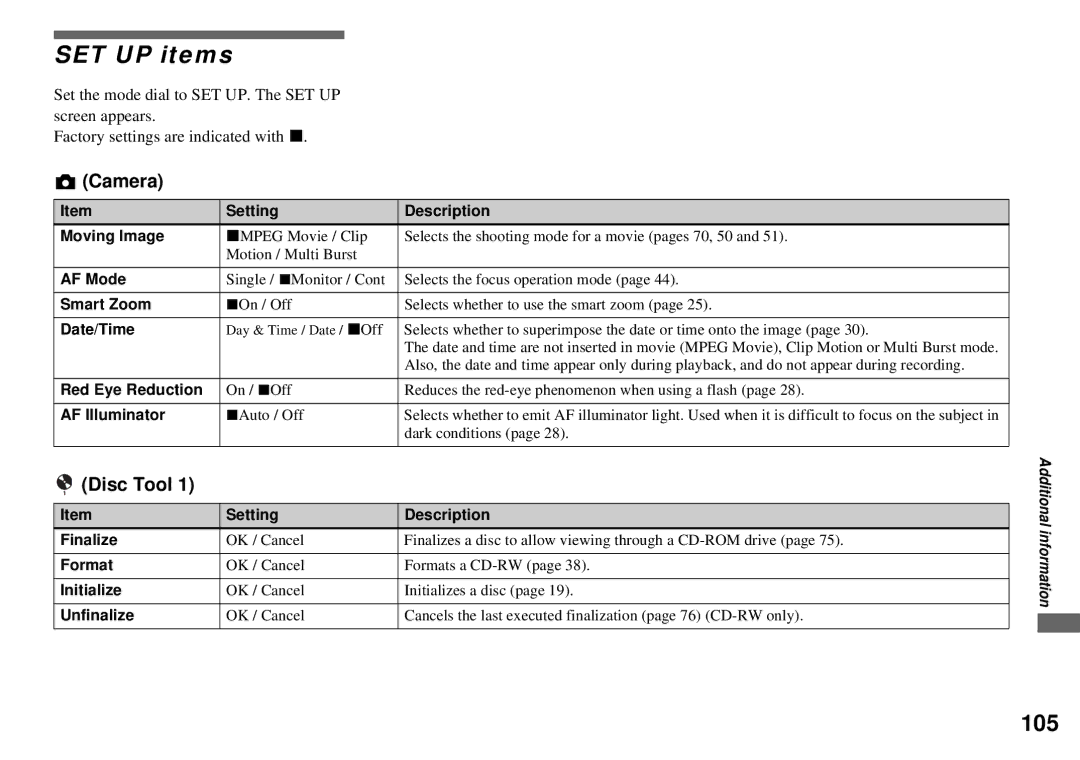 Sony MVC-CD350 operating instructions SET UP items, 105, Camera, Disc Tool 