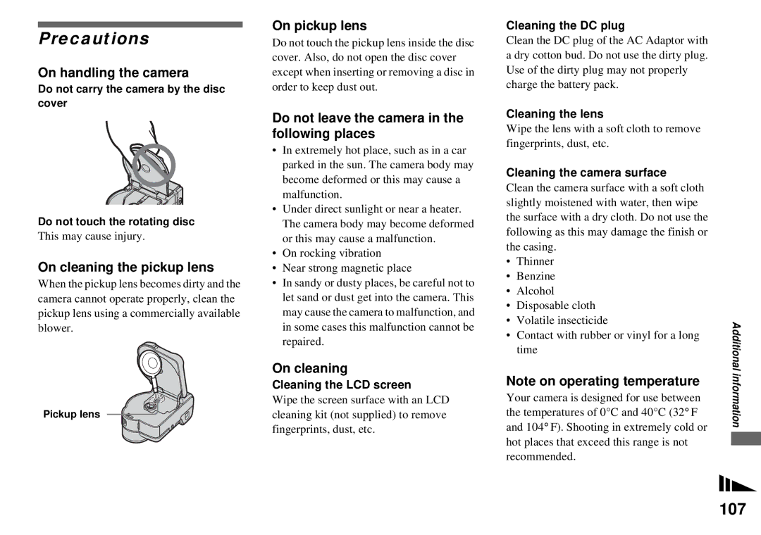 Sony MVC-CD350 operating instructions Precautions, 107 