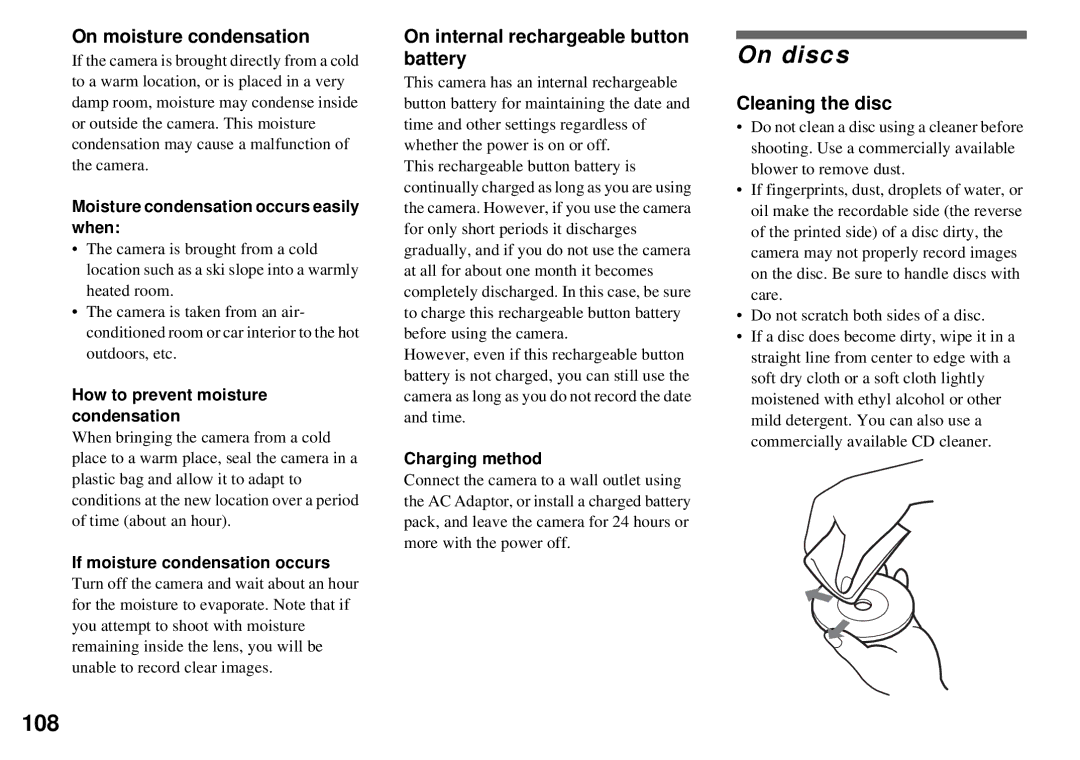 Sony MVC-CD350 On discs, 108, On moisture condensation, On internal rechargeable button battery, Cleaning the disc 