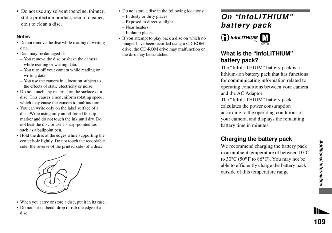 Sony MVC-CD350 On InfoLITHIUM battery pack, 109, What is the InfoLITHIUM battery pack?, Charging the battery pack 